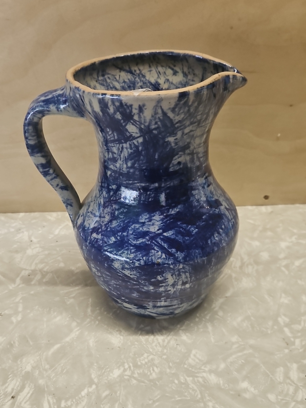 Jerry Brown Signed Blue Marble Ceramic Pitcher -
